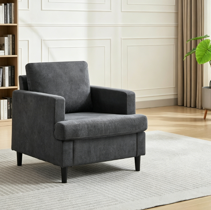 Large Linen Leisure Armchair with Wooden Legs, Soft Single Sofa Seat